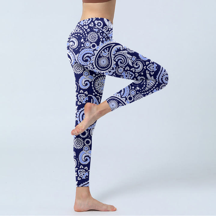 Buddha Stones Purple Blue Cashew Flower Print Gym Leggings Women's Yoga Pants - image 3