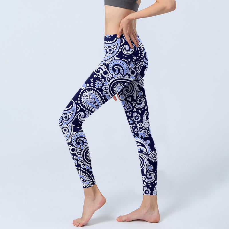 Buddha Stones Purple Blue Cashew Flower Print Gym Leggings Women's Yoga Pants - image 3