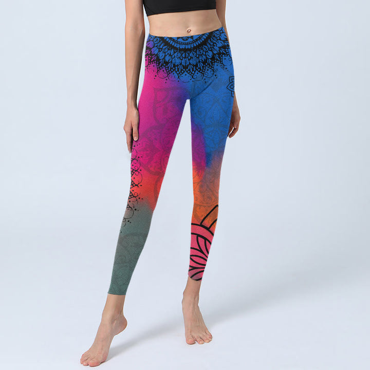 Buddha Stones Rose Red Blue Mandala Flower Print Gym Leggings Women's Yoga Pants - image 5