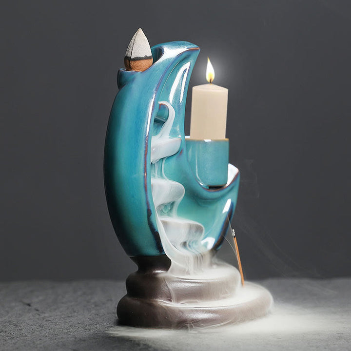 Buddha Stones Blue Crescent Moon Ceramic Backflow Smoke Fountain Meditation Candlestick Incense Burner Decoration - image 3