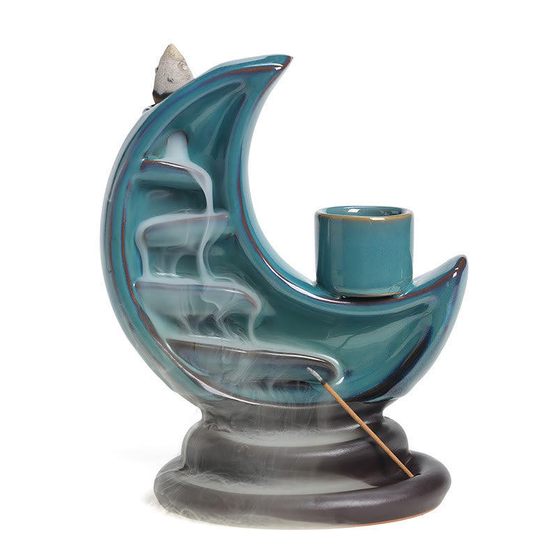 Buddha Stones Blue Crescent Moon Ceramic Backflow Smoke Fountain Meditation Candlestick Incense Burner Decoration - image 17