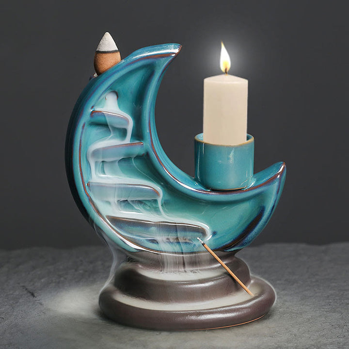 Buddha Stones Blue Crescent Moon Ceramic Backflow Smoke Fountain Meditation Candlestick Incense Burner Decoration - image 7