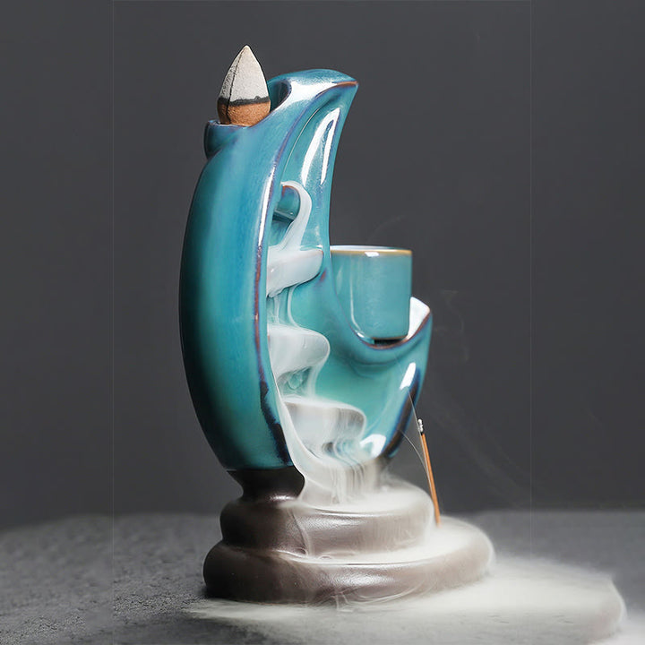 Buddha Stones Blue Crescent Moon Ceramic Backflow Smoke Fountain Meditation Candlestick Incense Burner Decoration - image 8