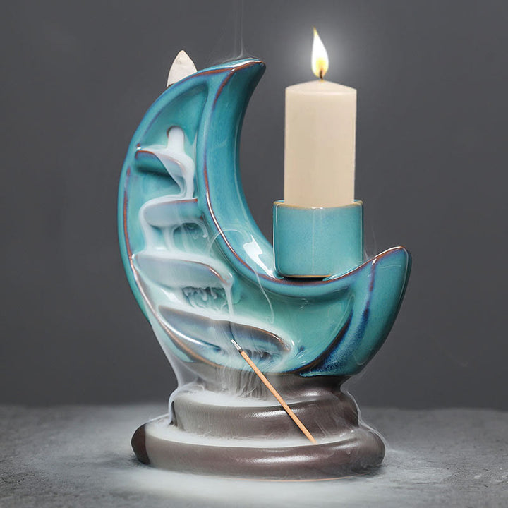 Buddha Stones Blue Crescent Moon Ceramic Backflow Smoke Fountain Meditation Candlestick Incense Burner Decoration - image 7