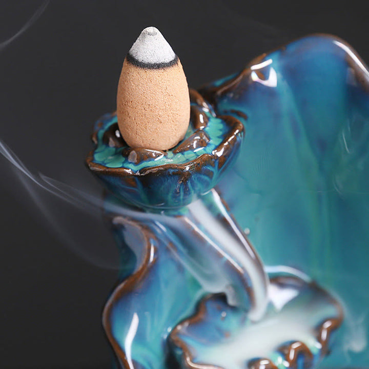 Buddha Stones Blue Lotus Leaf Ceramic Backflow Smoke Fountain Spiritual Incense Burner Decoration - image 6