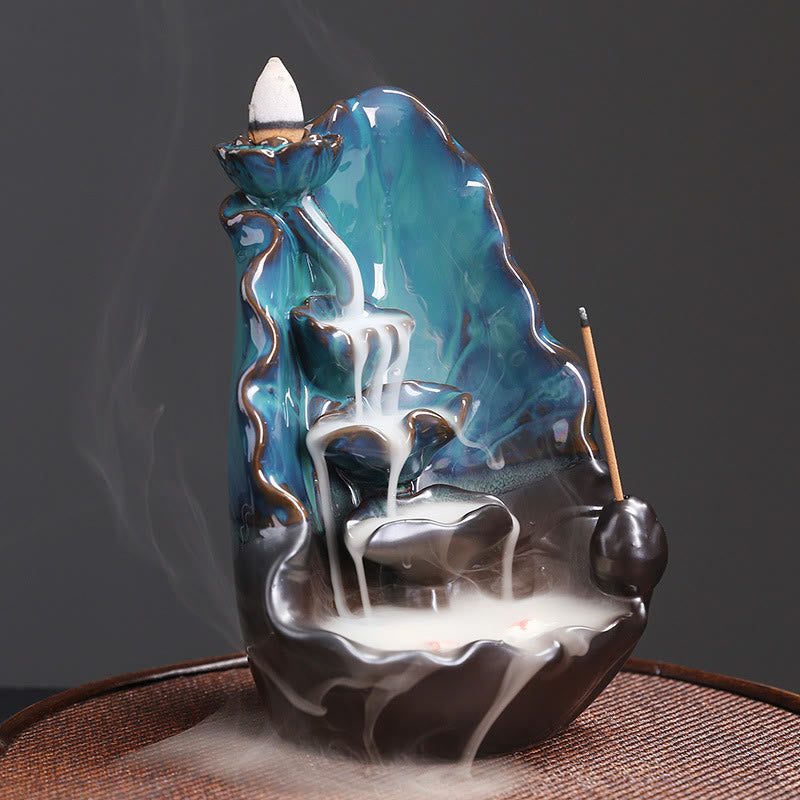 Buddha Stones Blue Lotus Leaf Ceramic Backflow Smoke Fountain Spiritual Incense Burner Decoration - image 1