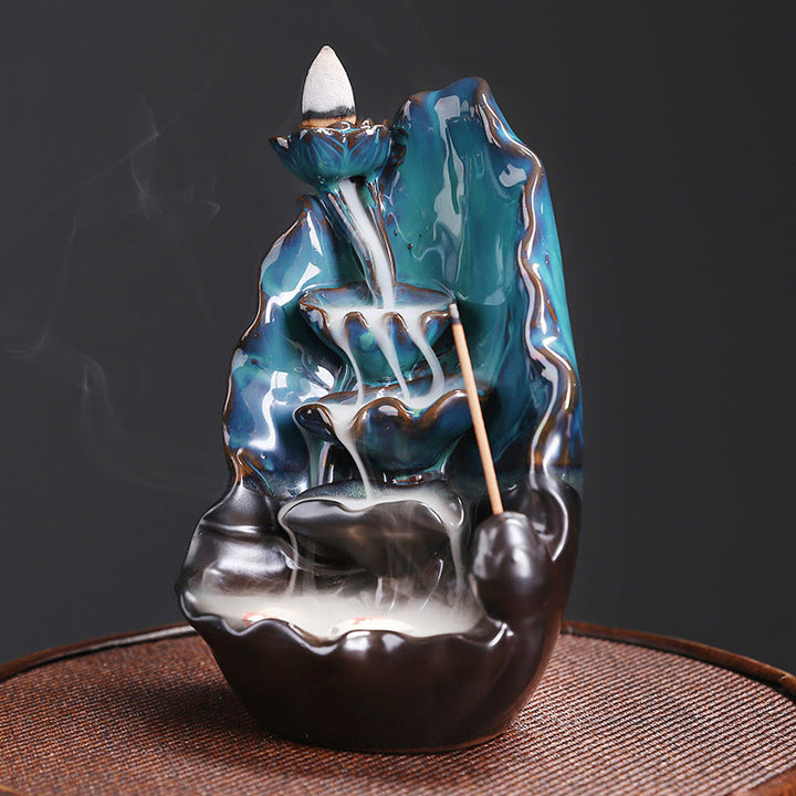Buddha Stones Blue Lotus Leaf Ceramic Backflow Smoke Fountain Spiritual Incense Burner Decoration - image 3