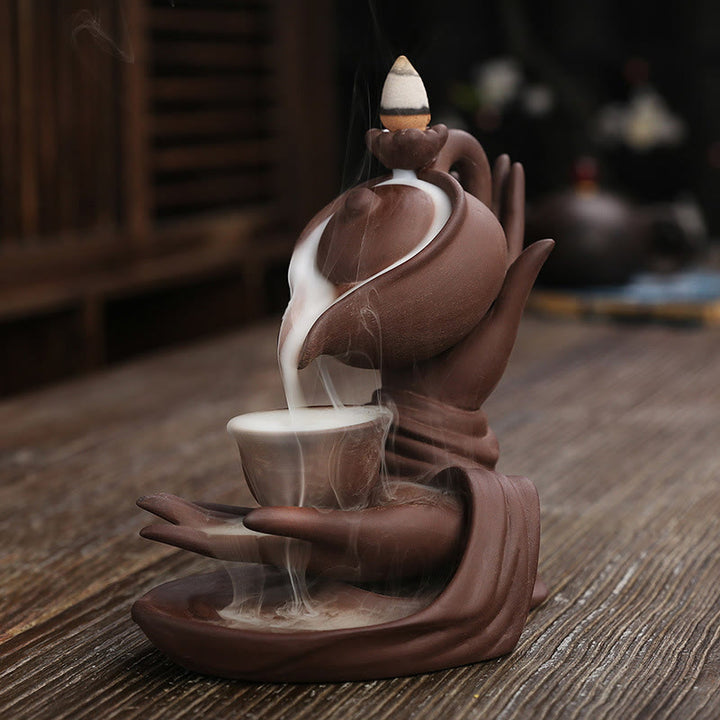 Buddha Stones Buddha Hand Holding Teapot Cup Ceramic Backflow Smoke Fountain Healing Incense Burner Decoration - Brown Red 13.7*9*13.9cm - image 11