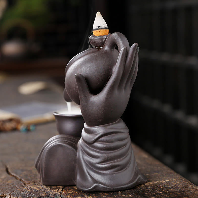 Buddha Stones Buddha Hand Holding Teapot Cup Ceramic Backflow Smoke Fountain Healing Incense Burner Decoration - image 4
