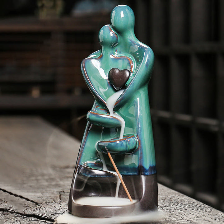 Buddha Stones Lovers Couple Embrace Love Ceramic Backflow Smoke Fountain Healing Incense Burner Decoration - image 5