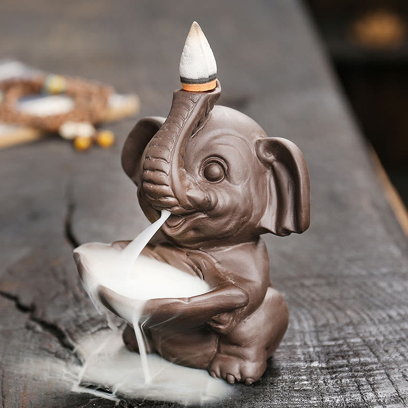Buddha Stones Little Elephant Holding Leaf Purple Clay Backflow Smoke Fountain Healing Incense Burner Decoration - image 3