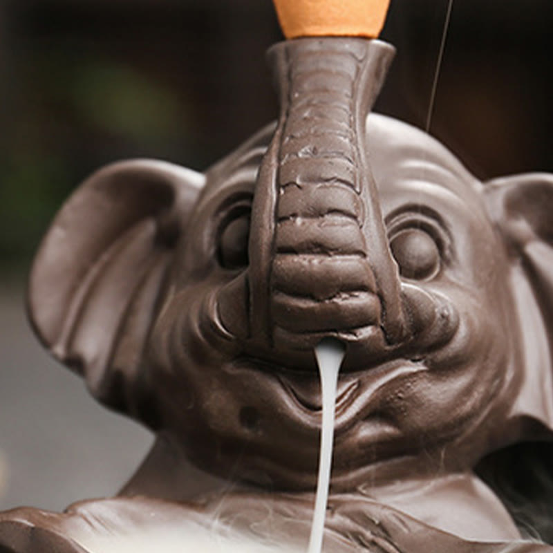 Buddha Stones Little Elephant Holding Leaf Purple Clay Backflow Smoke Fountain Healing Incense Burner Decoration - image 10