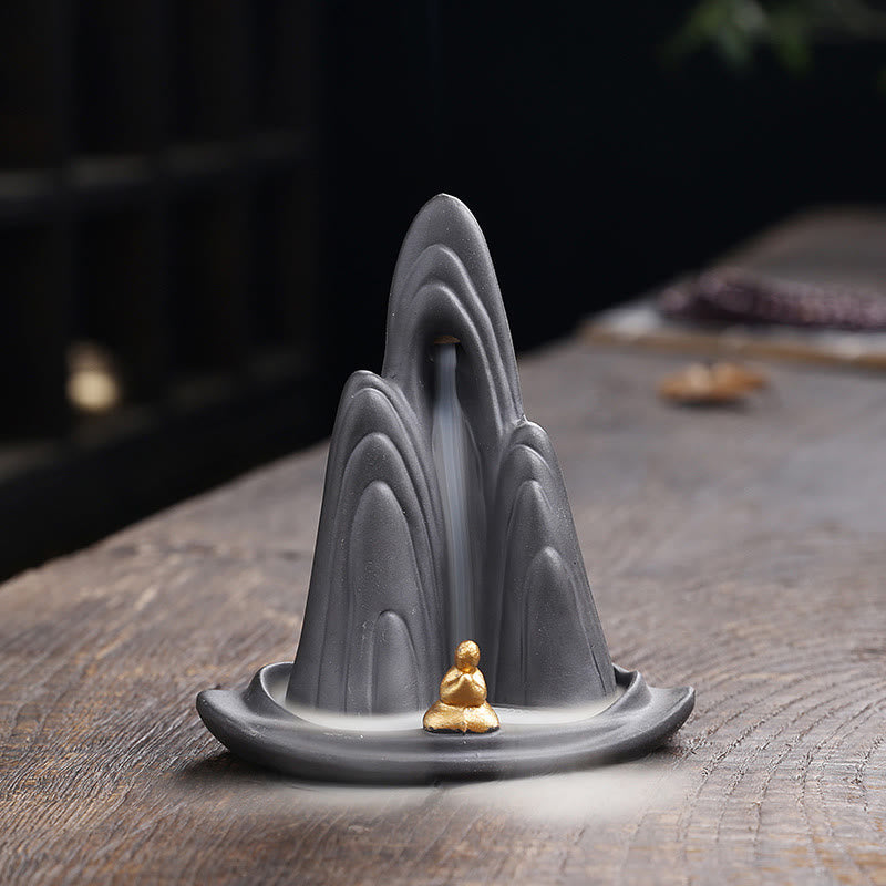Buddha Stones Little Monk Mountains Flowing Water Purple Clay Ceramic Healing Backflow Incense Burner Decoration - 10*6.6*10.8cm(without incense) - image 0