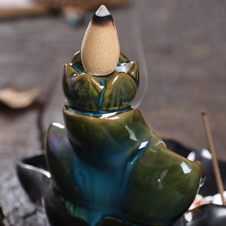 Buddha Stones Lotus Leaf Koi Fish Ceramic Backflow Smoke Fountain Peace Incense Burner Decoration - image 8