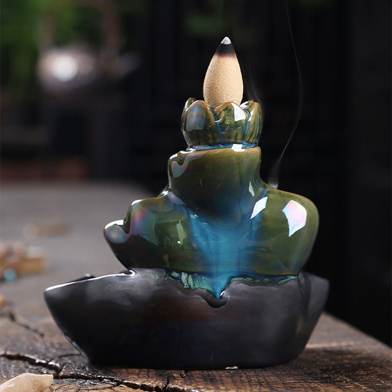 Buddha Stones Lotus Leaf Koi Fish Ceramic Backflow Smoke Fountain Peace Incense Burner Decoration - image 5