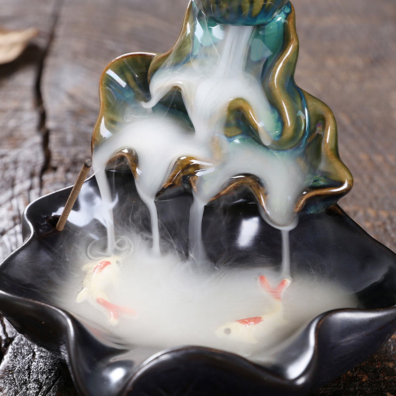 Buddha Stones Lotus Leaf Koi Fish Ceramic Backflow Smoke Fountain Peace Incense Burner Decoration - image 7