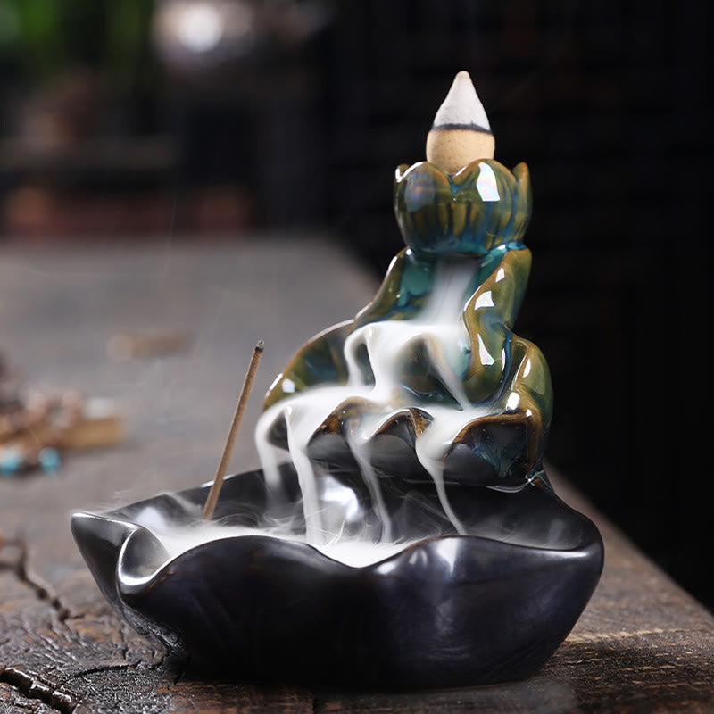 Buddha Stones Lotus Leaf Koi Fish Ceramic Backflow Smoke Fountain Peace Incense Burner Decoration - image 3