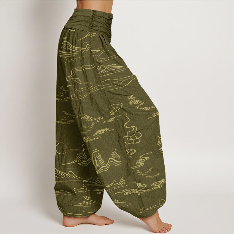Buddha Stones Cotton Mountain Moon Auspicious Clouds Pattern Women's Elastic Waist Harem Pants - image 11