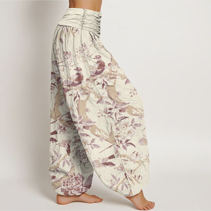 Buddha Stones Birds Branches Flowers Pattern Women's Elastic Waist Harem Pants - image 7