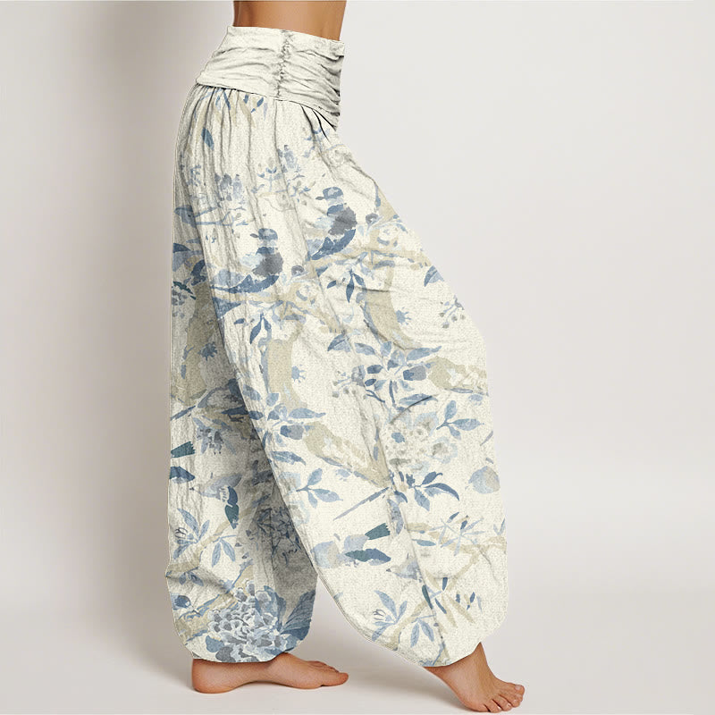 Buddha Stones Birds Branches Flowers Pattern Women's Elastic Waist Harem Pants - image 2