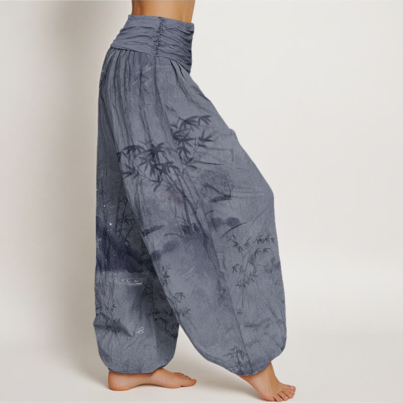 Buddha Stones Casual Bamboo Rock Ink Painting Women's Elastic Waist Harem Pants - image 2