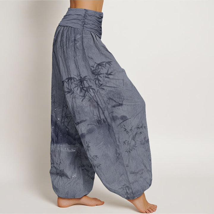 Buddha Stones Casual Bamboo Rock Ink Painting Women's Elastic Waist Harem Pants - image 2