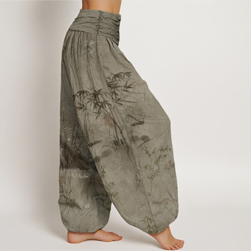 Buddha Stones Casual Bamboo Rock Ink Painting Women's Elastic Waist Harem Pants - image 6