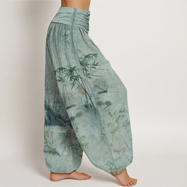 Buddha Stones Cotton Casual Bamboo Rock Ink Painting Women's Elastic Waist Harem Pants - image 8