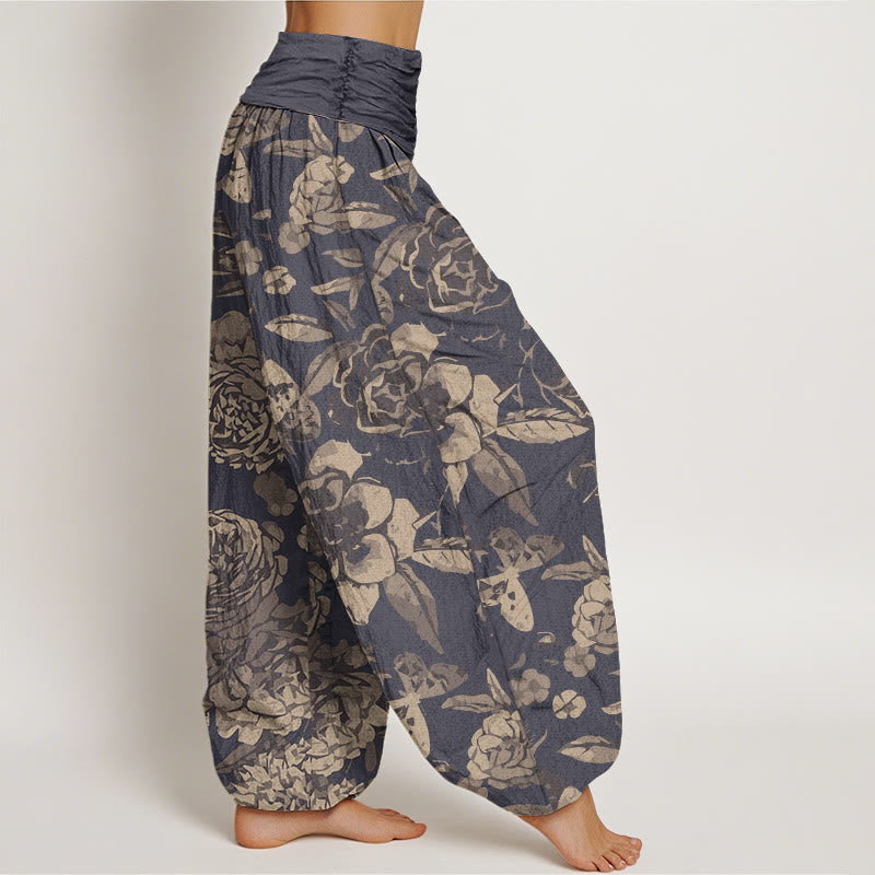 Buddha Stones Cotton Casual Peony Flowers Leaves Women's Elastic Waist Harem Pants - image 1