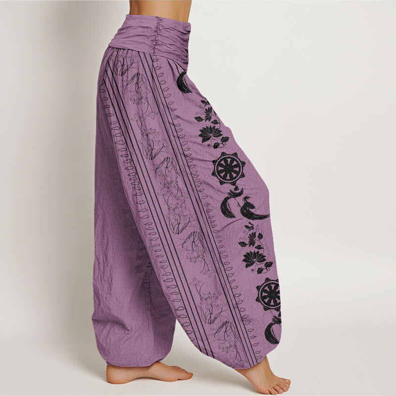 Buddha Stones Cotton Dharma Wheel Lotus OM Pattern Women's Elastic Waist Harem Pants - image 6