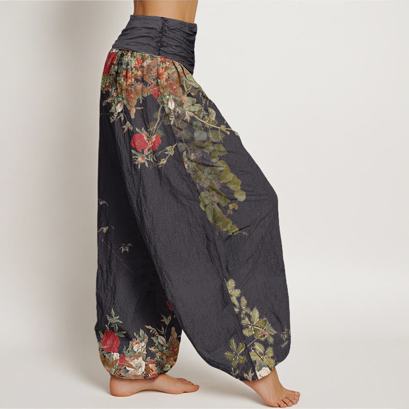 Buddha Stones Cotton Casual Red Peony Flower Vine Design Women's Elastic Waist Harem Pants - image 1