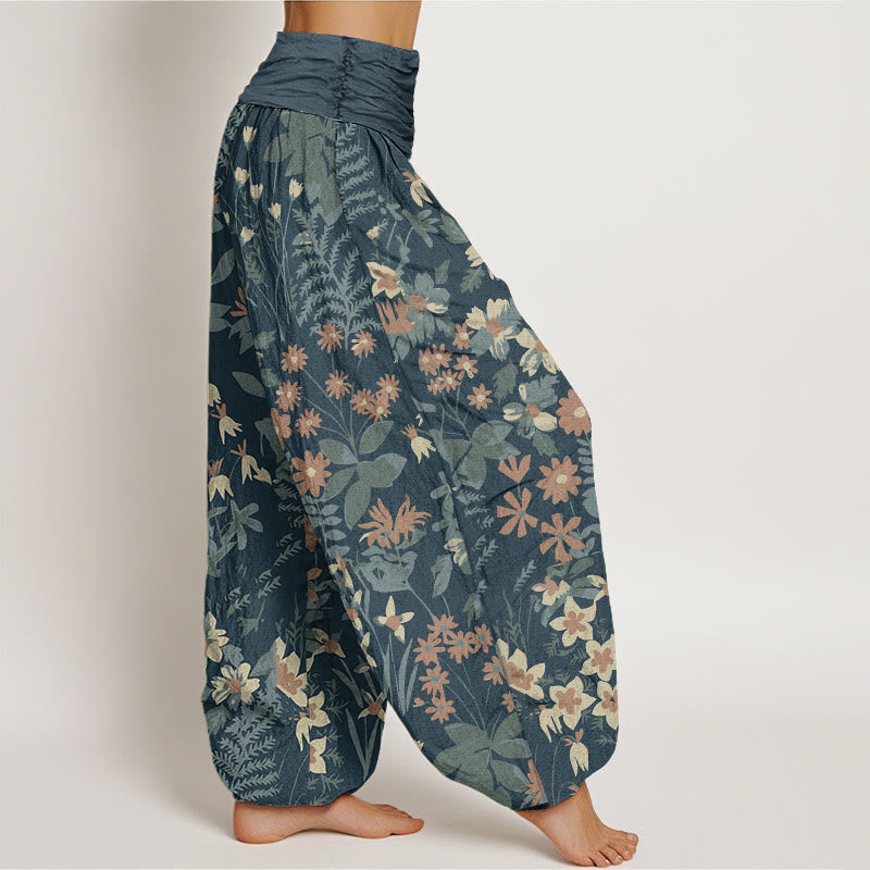 Buddha Stones Cotton Casual Daisy Flowers Leaves Design Women's Elastic Waist Harem Pants - image 1
