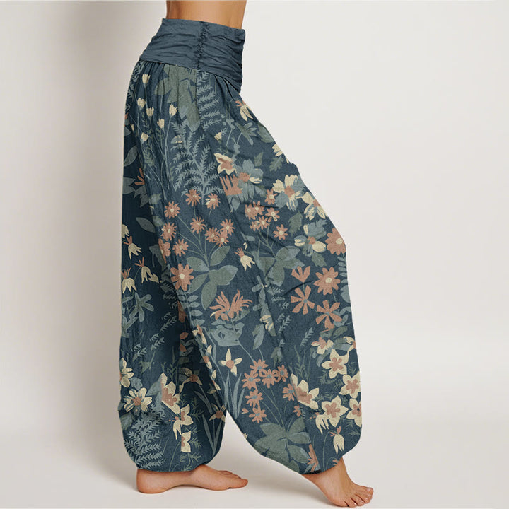 Buddha Stones Cotton Casual Daisy Flowers Leaves Design Women's Elastic Waist Harem Pants - image 1