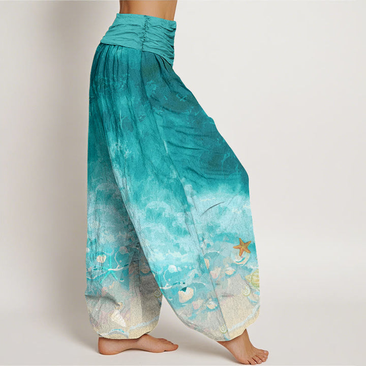 Buddha Stones Cotton Vast Ocean Pattern Women's Elastic Waist Harem Pants - image 1
