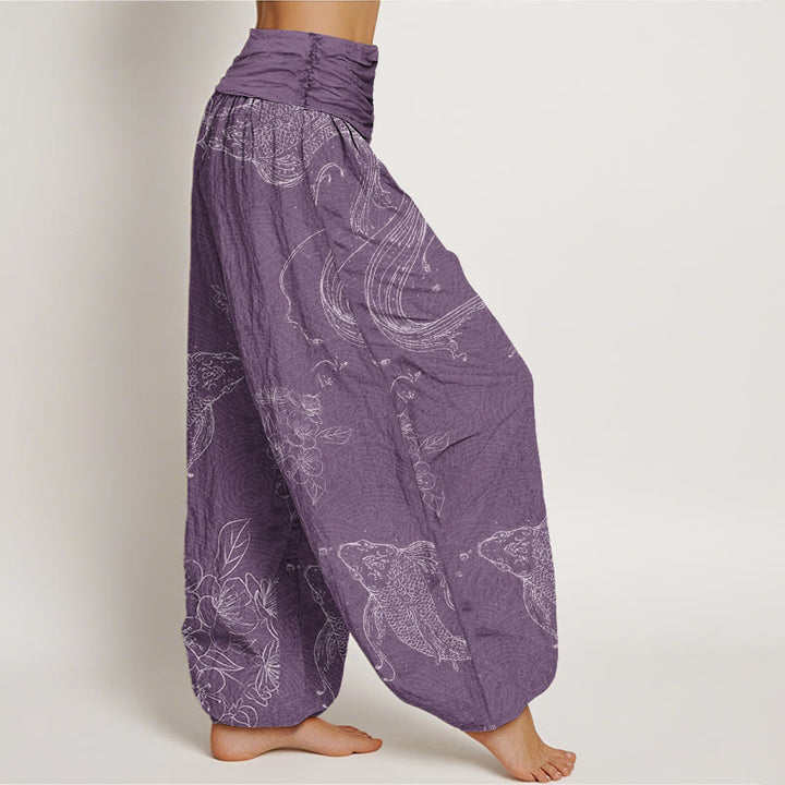 Buddha Stones Koi Fish Floral Pattern Women's Elastic Waist Harem Pants