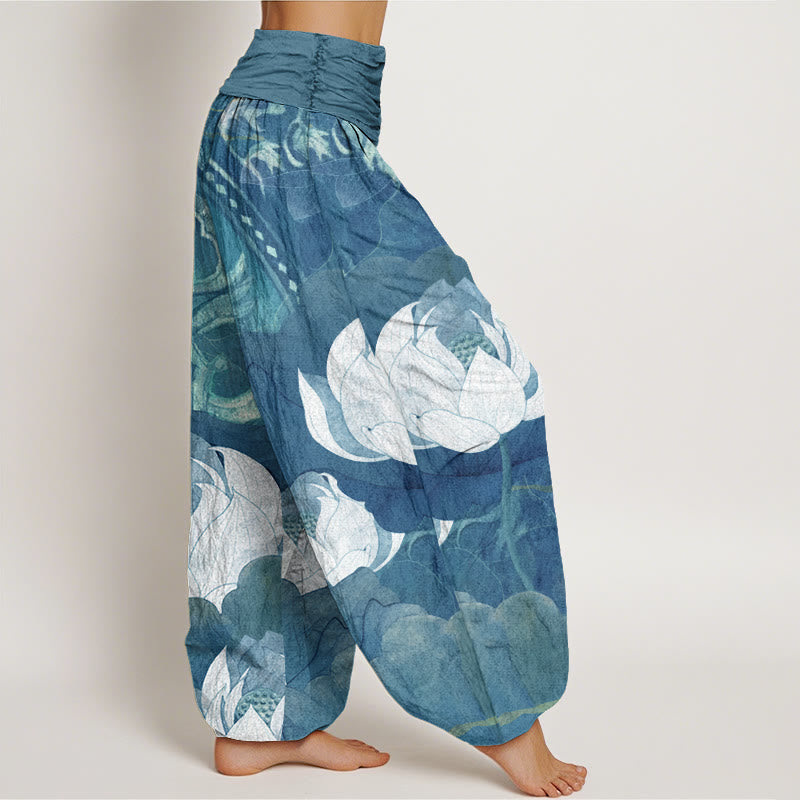 Buddha Stones Cotton White Lotus Leaves Pattern Casual Women's Elastic Waist Harem Pants - image 5