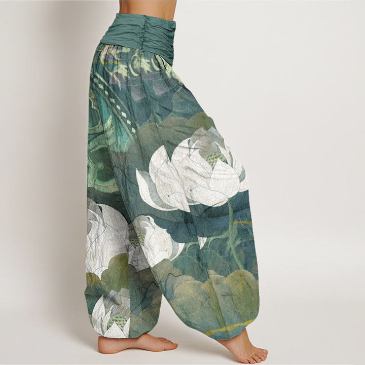 Buddha Stones Cotton White Lotus Leaves Pattern Casual Women's Elastic Waist Harem Pants - image 2