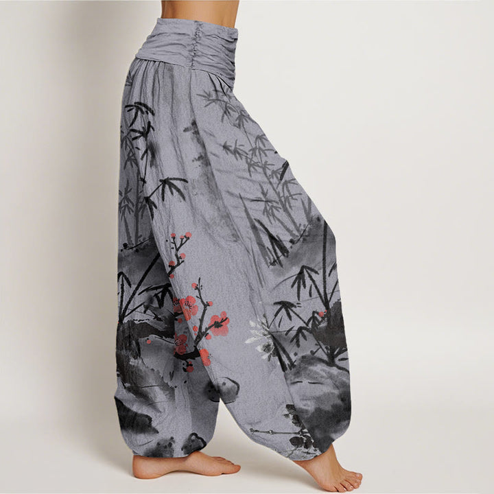Buddha Stones Cotton Plum Blossoms Bamboo Orchids Chrysanthemums Pattern Women's Elastic Waist Harem Pants - image 8