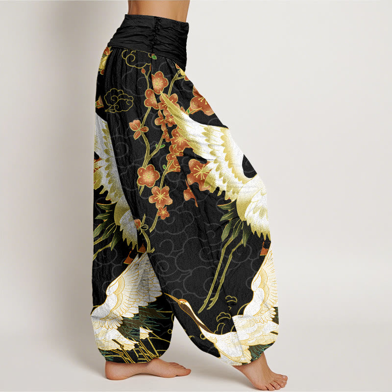 Buddha Stones Cranes Flowers Auspicious Clouds pattern Women's Elastic Waist Harem Pants - image 2