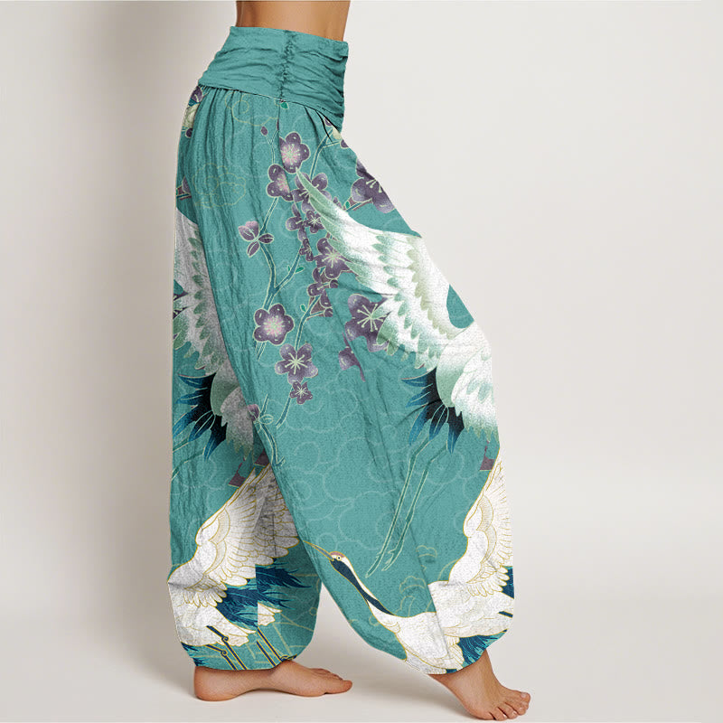Buddha Stones Cranes Flowers Auspicious Clouds pattern Women's Elastic Waist Harem Pants - image 9