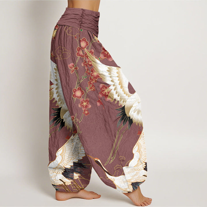 Buddha Stones Cranes Flowers Auspicious Clouds pattern Women's Elastic Waist Harem Pants - image 6