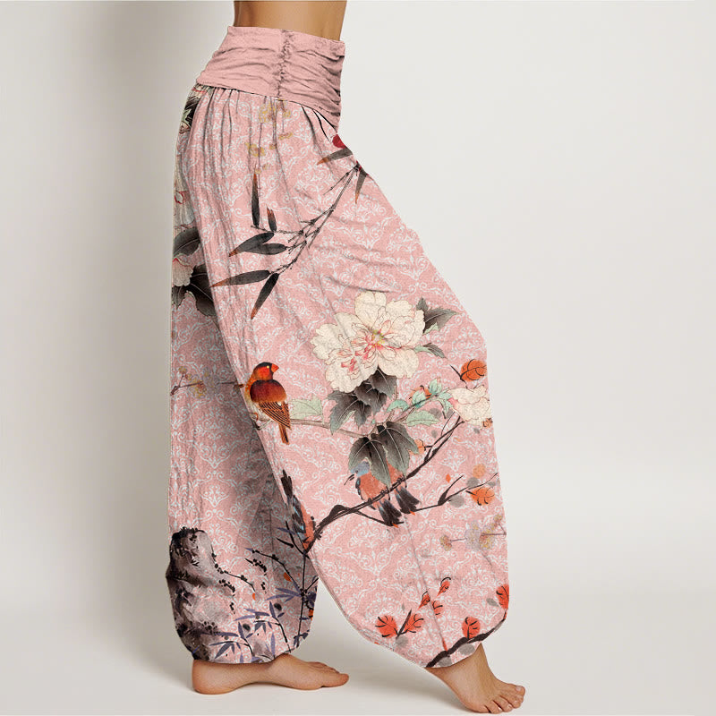 Buddha Stones Warbler Bird Blooming Flower Branches Mandala Pattern Women's Elastic Waist Harem Pants - image 9