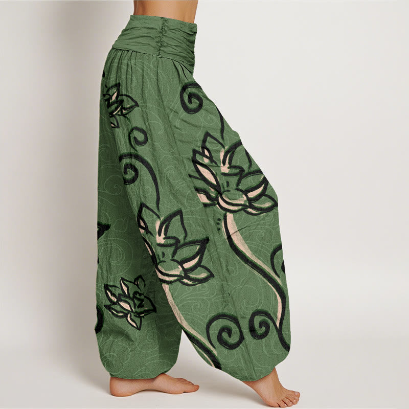 Buddha Stones Cotton Casual Lotus Auspicious Clouds Design Women's Elastic Waist Harem Pants - image 2