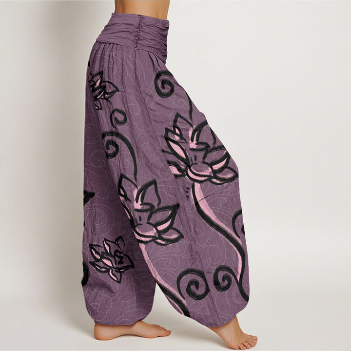 Buddha Stones Casual Lotus Auspicious Clouds Design Women's Elastic Waist Harem Pants - image 9