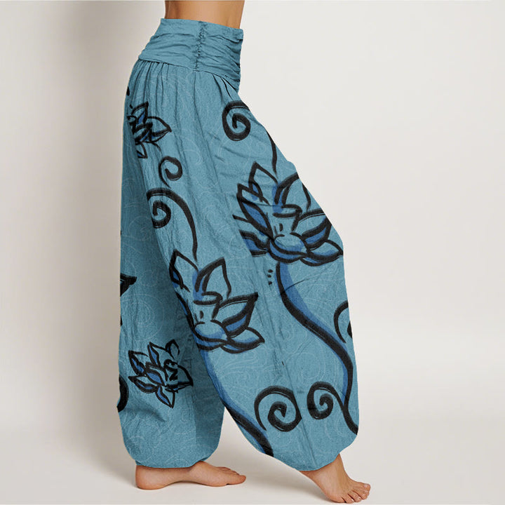 Buddha Stones Casual Lotus Auspicious Clouds Design Women's Elastic Waist Harem Pants - image 7