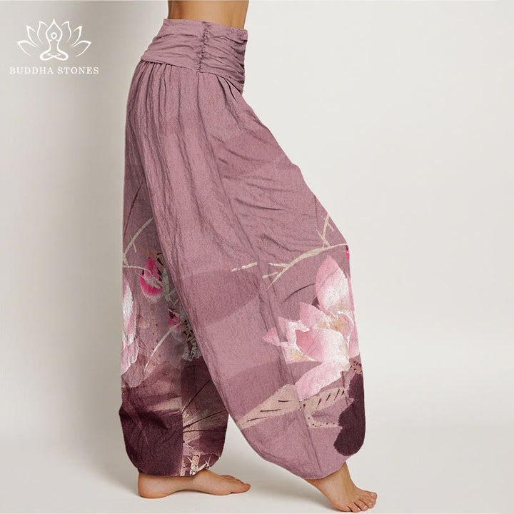 Buddha Stones Pink Lotus Leaves Bird Pattern Women's Elastic Waist Harem Pants - image 8