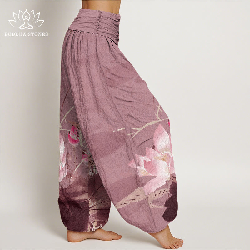 Buddha Stones Pink Lotus Leaves Bird Pattern Women's Elastic Waist Harem Pants - image 9