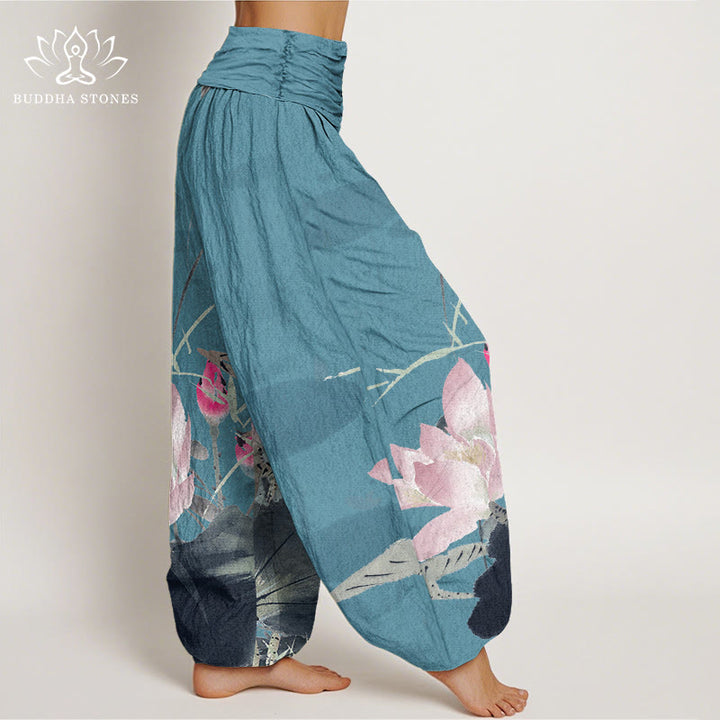 Buddha Stones Pink Lotus Leaves Bird Pattern Women's Elastic Waist Harem Pants - image 6