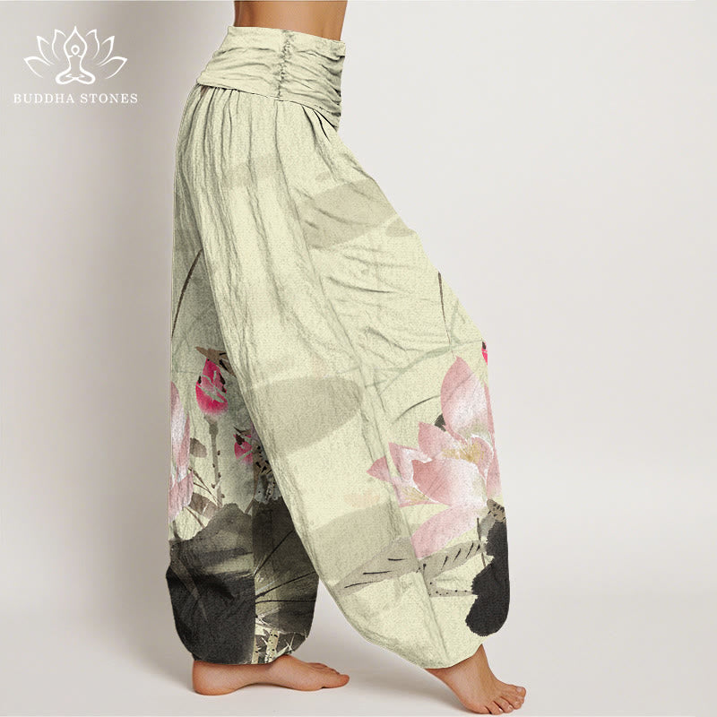 Buddha Stones Pink Lotus Leaves Bird Pattern Women's Elastic Waist Harem Pants - image 2