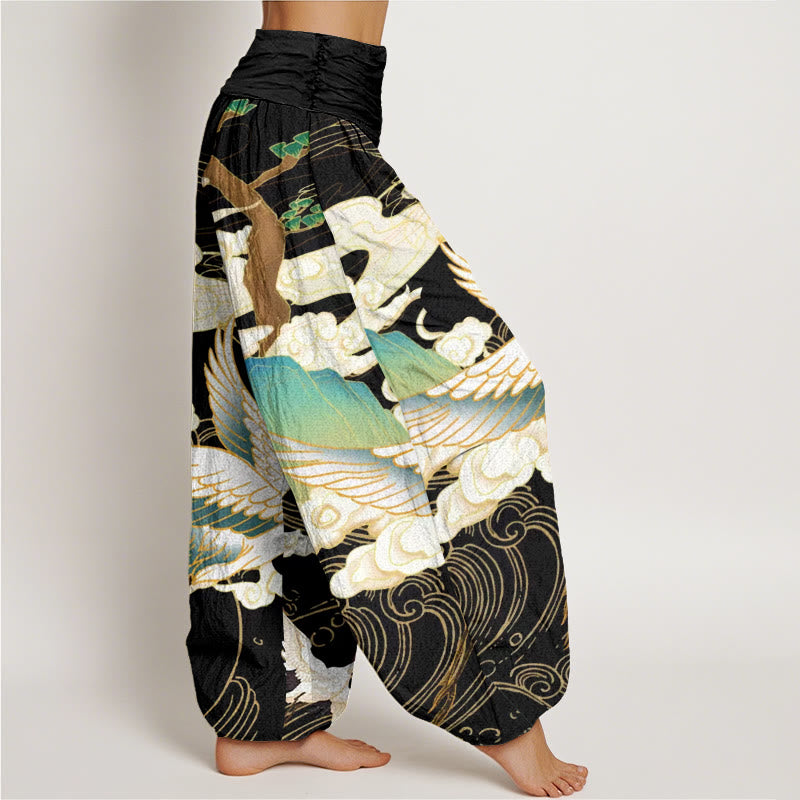 Buddha Stones Flying Cranes Auspicious Clouds Tree women's Elastic Waist Harem Pants - image 2